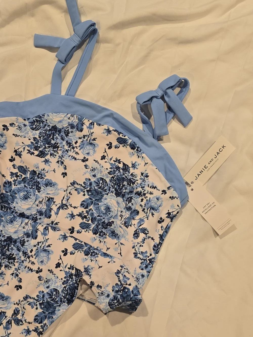 Janie and Jack Light Blue Floral One-Piece Swimmsuit Wit Bow Straps Size 18Girls